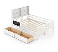 COSTWAY Lit d'enfant Lit double avec 2 tiroirs, bibliothèque, tableau & protection contre les chutes & sommier à lattes, Lit d'adolescent en bois 140x200cm pour enfants blanc