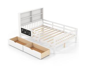 COSTWAY Lit d'enfant Lit double avec 2 tiroirs, bibliothèque, tableau & protection contre les chutes & sommier à lattes, Lit d'adolescent en bois 140x200cm pour enfants blanc