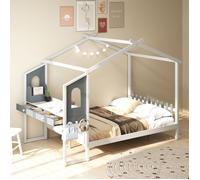 COSTWAY Lit Double 200 x 140cm avec Bureau, Lit Plateforme avec Crochets et Tiroirs, 18 Lattes en Bois, Structure de Lit Blanc Gris