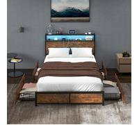 COSTWAY Lit Double Industriel pour Adulte 140x200CM - Contrôle par APP, Lumineuse LED, Bluetooth, Prise de Courant et 4 Tiroirs