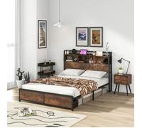 COSTWAY Lit Double Industriel pour Adulte 140x200CM - Prises, USB, 5 Pieds Supplémentaires, Espace de Rangement Caché - Charge
