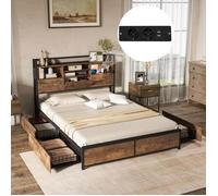 COSTWAY Lit Double Industriel pour Adulte 140x200CM - Prises, USB, Tiroirs sur Roulettes, Espace de Rangement Caché - Charge 300KG