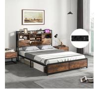 COSTWAY Lit Double Industriel pour Adulte 160x200CM - Prises, USB, 5 Pieds Supplémentaires, Espace de Rangement Caché - Charge