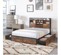 COSTWAY Lit Double Industriel pour Adulte 160x200CM - Prises, USB, Tiroirs sur Roulettes, Espace de Rangement Caché - Charge 300KG
