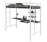 COSTWAY Lit Mezzanine en Métal avec Bureau, 90 x 190 CM, avec 2 Etagères, 2 Échelles, Garde-Corps sur Toute la Longueur, Blanc