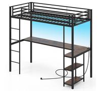 COSTWAY Lit superposé 90x200cm avec bureau, LEDs, station de chargement, 2 étagères, rampe de sécurité & échelle, Lit superposé d'enfant métal noir