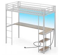 COSTWAY Lit superposé 90x200cm avec bureau, LEDs, station de chargement, 2 étagères, rampe de sécurité & échelle, lit superposé lit d'enfant métal argenté