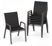 COSTWAY Lot de 2/4/6 Chaises de Jardin Exterieur, Fauteuils Empilable, Charge 180 kg, Tissu Respirant, Structure en Métal, Chaise Exterieur pour Jardin Cour Balcon, 56 x 66 x 88 cm (Noir,6)