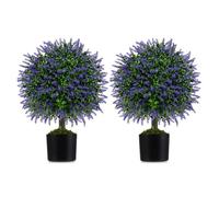 COSTWAY Lot de 2 Arbres de Buis Artificiel Topiaire 58 cm - Boules de Lavandes Artificielles Violets avec Pot en Ciment pour Porche