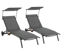 COSTWAY, lot de 2 chaises longues, chaises de jardin avec roulettes, auvent, porte-gobelets et dossier réglable, parfaites pour la terrasse, le jardin ou la plage, couleur gris