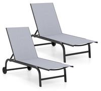COSTWAY, lot de 2 chaises longues de jardin avec roulettes, supportant jusqu'à 150 kg, dotées d'un dossier réglable en 6 positions et d'un tissu à séchage rapide, couleur gris