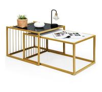 COSTWAY Lot de 2 Tables Basses Gigognes Imprimée Marbre avec Cadre en Métal Doré Table d'Appoint Scandinave avec Patins