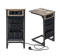 COSTWAY Lot de 2 Tables d’Appoints en Form de ‘C’, avec 2 prises&2 ports USB, Poches de Rangement Latérales, Industriel, 40x30x60cm