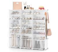COSTWAY Meuble a Chaussure pour 48 Paires, 12 pcs Boite Rangement Chaussures, Crochet de Suspension Latéral, Rangement Chaussure Transparent Empliable, Etagere Chaussure, 124 × 32 × 125 cm (Blanc)