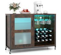 COSTWAY Meuble Bar à Vin avec Lumière LED, Buffet de Cuisine pour 42 Bouteilles, Placard avec Étagères Réglables, Supports à Verres, Industrielle, Chariot sur roulettes pour Salle à Manger, Salon