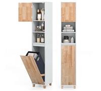 COSTWAY Meuble Colonne de Salle de Bain avec 2 Portes, Sac à Linge et 2 Compartiment Ouvert, Étagères Réglables 32 x 31 x 170,5 cm
