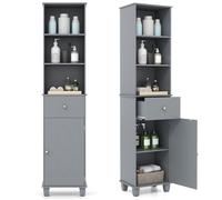 COSTWAY Meuble Colonne de Salle de Bain avec Porte et Tiroirs, Sac à Linge et 2 Compartiment Ouvert, Étagères Réglables Gris