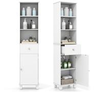 COSTWAY Meuble Colonne de Salle de Bain avec Porte et Tiroirs, Sac à Linge et 2 Compartiment Ouvert, Étagères Réglables Blanc