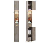 COSTWAY Meuble Colonne de Salle de Bain - LED 3 Couleurs, 2 Placards à Porte, 1 Tiroir, 3 Étagères en Verre Trempé Réglables Gris