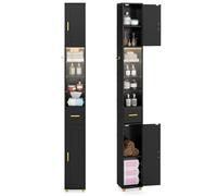 COSTWAY Meuble Colonne de Salle de Bain - LED 3 Couleurs, 2 Placards à Porte, 1 Tiroir, 3 Étagères en Verre Trempé Réglables Noir