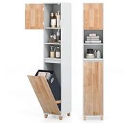 COSTWAY Meuble Colonne Salle de Bain, Armoire de Rangement Étroite avec Panier à Linge, 2 Compartiments Ouverts, Porte Rabattable, Dispositif Anti-basculement, pour Salle de Bain, Buanderie