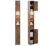 COSTWAY Meuble Colonne Salle de Bain avec LED, Meuble de Rangement Haut avec 3 Étagères en Verre Trempé Réglables, Armoire Salle de Bain Etroit pour Salon, Cuisine, 20 x 20 x 181 cm (Marron Rustique)