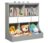COSTWAY Meuble de Rangement Jouet Enfant Bibliothèque Étagère Porte-revues 5 Compartiments avec Tiroirs&Paniers, 93x40x94 cm, Gris