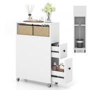 COSTWAY Meuble de Salle de Bain à 2 Tiroirs et 2 Paniers, Colonne Salle de Bain à 4 Roues avec Porte-Brosse, Gain de Place, Meuble WC Toilette, 19 x 50 x 72 cm (Blanc)
