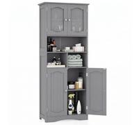 COSTWAY Meuble de Salle de Bain à 4 Portes, 148,5 cm,Gris | Armoire Haute avec Porte en Verre Dépoli, Colonne avec 3 Compartiments Ouvertes, pour Salon, Cuisine, 30 x 60 x 148,5 cm,