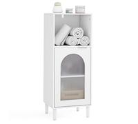 COSTWAY Meuble de Salle de Bain, Rangement en Bois avec Étagère Réglable, Porte en Verre Trempé, Kit Anti-basculement et Pieds en Bois Massif, pour Couloir, Salon, Blanc