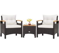COSTWAY Meuble en rotin 3 pièces avec 2 fauteuils et 1 table d'appoint, salon de jardin en poly rotin Salon de jardin, ensemble de jardin avec plateau en acacia et coussins d'assise inclus
