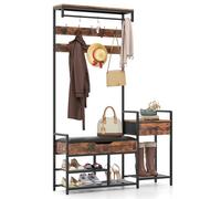 COSTWAY Meuble Entree Porte Manteau, Meuble à Chaussures, 9 Patères Double, Cintre avec Crochets, Tiroir, Etagère, Banc de Rangement pour Vestiaire d'Entrée, Marron Rustique