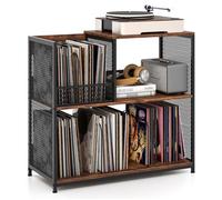 COSTWAY Meuble Étagère pour Vinyle à 3 Niveaux, Disques jusqu'à 300 Albums, 3 Diviseurs Amovibles, Support en Métal Marron Rustique