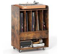COSTWAY Meuble Platine Vinyle a Roulette avec Tiroirs, 6 Compartiments pour 150 Albums, Étagère, Meuble Rangement Hifi pour CD DVD Manga Livre, Support de Tourne-Disque pour Salon, Chambre (Marron)