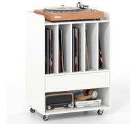 COSTWAY Meuble Platine Vinyle a Roulette avec Tiroirs, 6 Compartiments pour 150 Albums, Étagère, Meuble Rangement Hifi pour CD DVD Manga Livre, Support de Tourne-Disque pour Salon, Chambre (Blanc)
