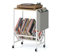 COSTWAY Meuble Platine Vinyle a Roulette, Petit Support pour Tourne-Disques avec Poche, pour 100 Albums Disques CDs, Cadre en Métal, Meuble Rangement Vinyle Hifi pour Salon, Chambre (Naturel)