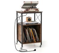COSTWAY Meuble Platine Vinyle avec Prise, Rangement Vinyle à Roulette, Petit Support Tourne-Disque Vinyle jusqu'à 80 Vinyle, 2 Prises, 1 USB, 1 Type-C, Séparateurs Amovibles, Compartiment Ouvert