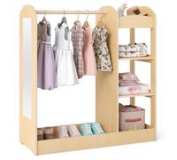 COSTWAY Meuble Rangement Ouverte pour Enfant avec 4 Étagères et Porte-Vêtements Cintre en Bois, Armoire Enfant avec Miroir pour Chambre d’Enfant, Salle de Jeux, 93,5X 38 x 100 cm (Naturel)