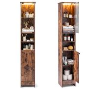 COSTWAY Meuble Salle de Bain 170 cm avec LED, Colonne de Rangement avec Placard à Porte Verre, Étagères Réglables & Compartiments, Armoire Haut pour Salon, Buanderie, WC (Marron Rustique)