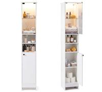 COSTWAY Meuble Salle de Bain 170 cm avec LED, Colonne de Rangement avec Placard à Porte Verre, Étagères Réglables & Compartiments, Armoire Haut pour Salon, Buanderie, WC (Blanc)