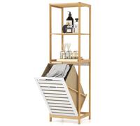 COSTWAY Meuble Salle de Bain avec Panier à Linge Basculant, 3 Etagères de Rangement, Sac en Tissu Amovible, Cadre en Bambou, Colonne Salle de Bain Bambou, 36 x 33 x 130 cm