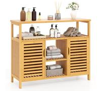 COSTWAY Meuble Salle de Bain Bambou, Armoire de Rangement avec Étagère Ouverte, 2 Placards à Portes Persienne, Compartiments Ouverts, Buffet Salle à Manger, Cuisine, Salon, 35 x 100 x 80 cm, Naturel