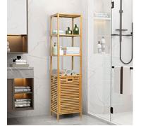 COSTWAY Meuble Salle de Bain Colonne Panier à Linge et 3 Etagères de Rangement en Bambou et Toile d'Oxford