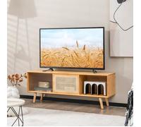 COSTWAY Meuble TV en Bambou pour TV 55"" avec 4 Compartiments, 4 Pieds en Bois Massif, 2 Portes Coulissantes en Rotin et Verre Trempé