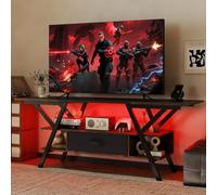 COSTWAY Meuble TV LED 140 cm pour Téléviseurs 65 Pouces, Meuble Tele avec Prise, Table TV Industrielle 3 Niveaux, Étagères, 2 Compartiments, pour Salon, Chambre (Brun Rustique)