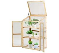 COSTWAY Mini Serre en Bois 60x45x100CM Vitrages Transparents en Polycarbonate Plateau Supérieur Amovible avec Etagères à 3 Niveaux pour Jardin/Balcon/Porche