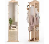 COSTWAY Miroir en pied avec porte-manteau, portemanteau pivotant à 360° avec miroir de courtoisie, 4 crochets et 2 tablettes, miroir sur pied, naturel
