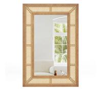 COSTWAY Miroir Mural Rectangulaire 90 x 60 cm en Rotin, Cadre en Bois, Miroir Suspendu Vertical ou Horizontal pour Salon Entrée
