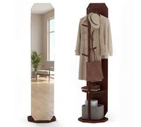 COSTWAY Miroir pleine longueur avec porte-manteau, porte-manteau pivotant à 360° avec miroir de courtoisie, 4 crochets et 2 tablettes, miroir sur pied