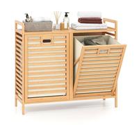 COSTWAY Panier à linge doublement pivotant, 75 L Trieur à linge en bambou avec 2 récipients amovibles, Armoire à linge indépendante Naturel